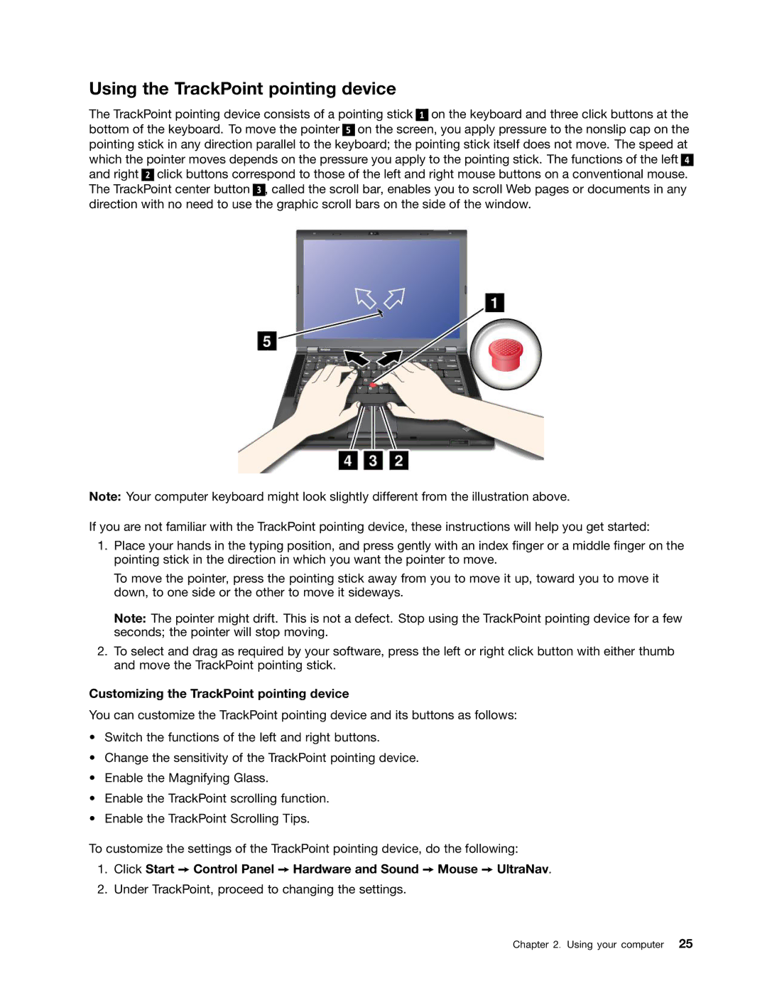 Lenovo 23539KU manual Using the TrackPoint pointing device, Customizing the TrackPoint pointing device 