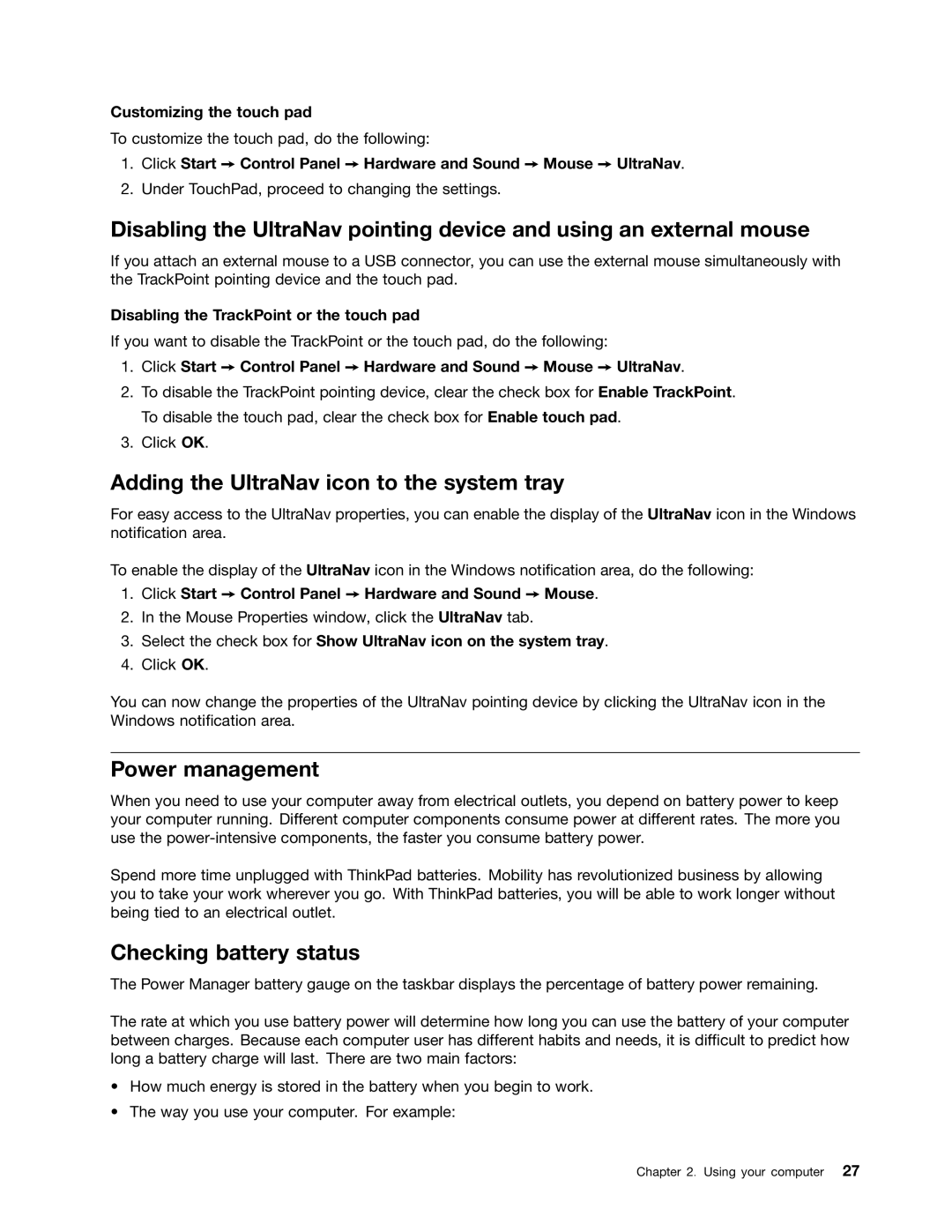 Lenovo 23539KU manual Adding the UltraNav icon to the system tray, Power management, Checking battery status 