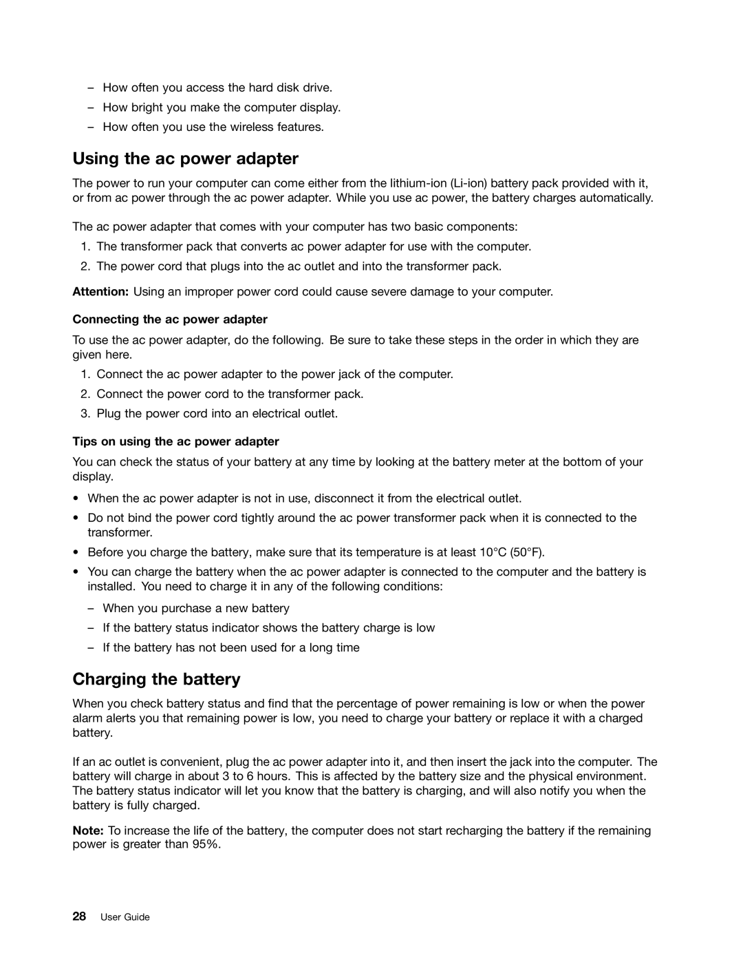 Lenovo 23539KU manual Using the ac power adapter, Charging the battery, Connecting the ac power adapter 