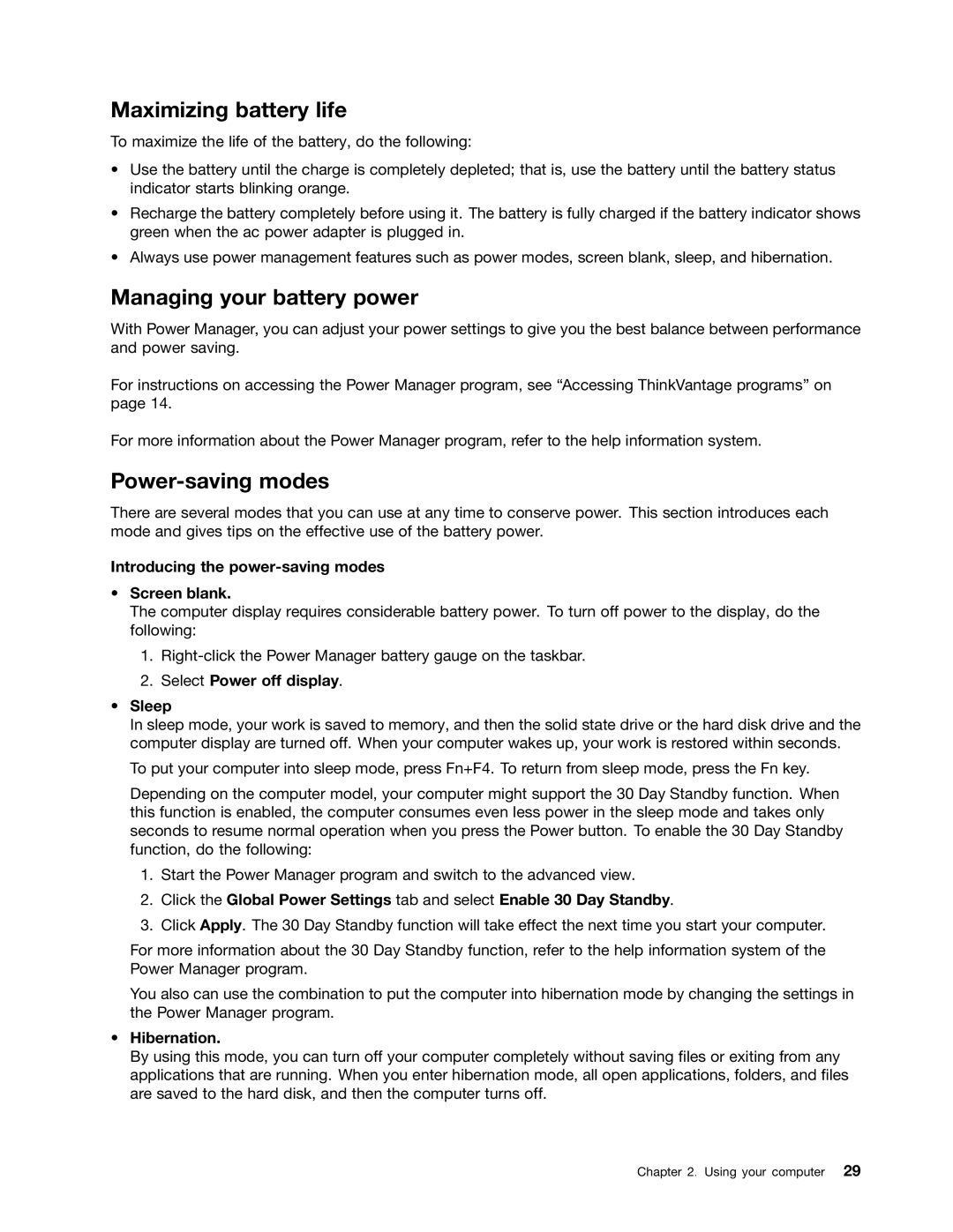 Lenovo 23539KU manual Maximizing battery life, Managing your battery power, Power-saving modes 