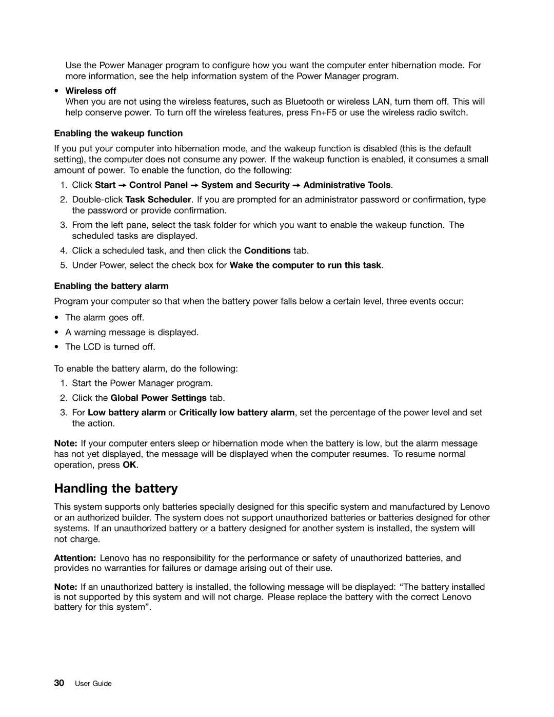 Lenovo 23539KU manual Handling the battery, Wireless off, Enabling the wakeup function, Enabling the battery alarm 