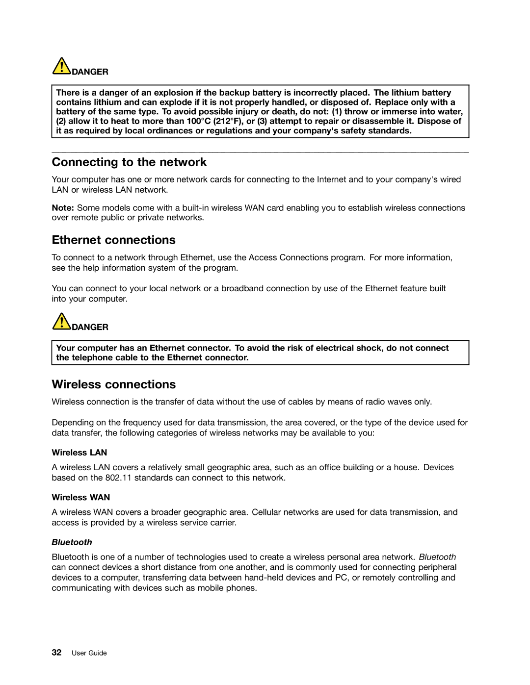 Lenovo 23539KU manual Connecting to the network, Ethernet connections, Wireless connections, Wireless LAN, Wireless WAN 