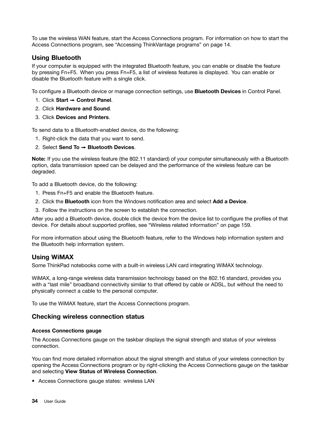 Lenovo 23539KU manual Using Bluetooth, Using WiMAX, Checking wireless connection status, Select Send To Bluetooth Devices 