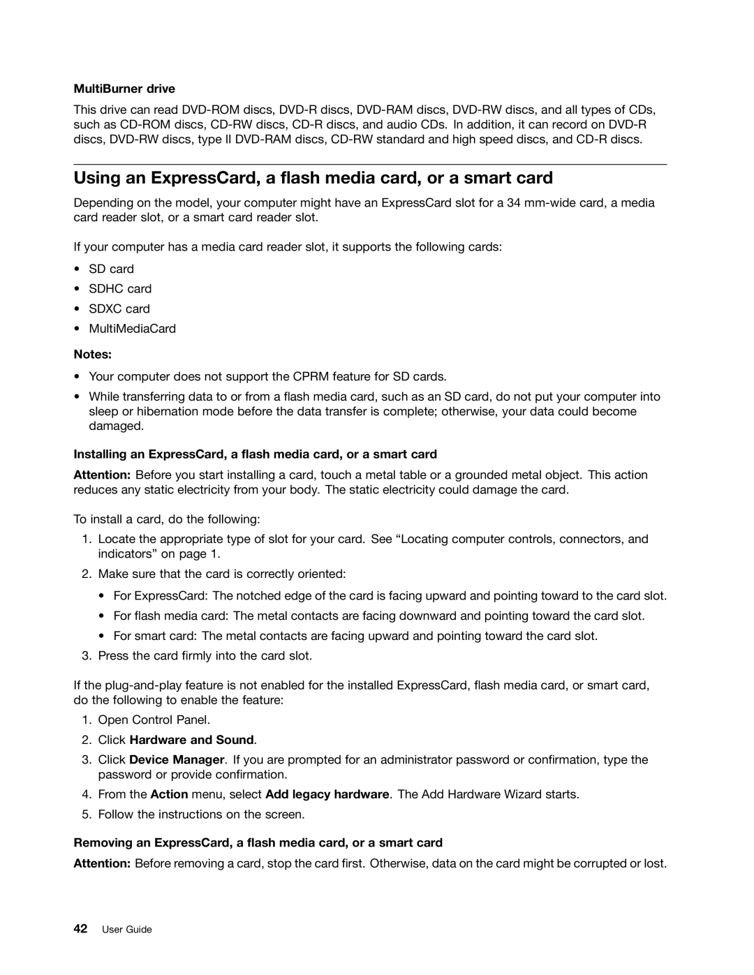 Lenovo 23539KU manual Using an ExpressCard, a flash media card, or a smart card, MultiBurner drive 