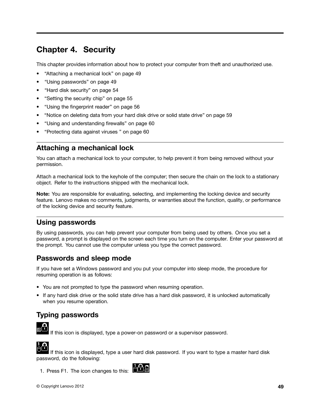 Lenovo 23539KU manual Security, Attaching a mechanical lock, Using passwords, Passwords and sleep mode, Typing passwords 