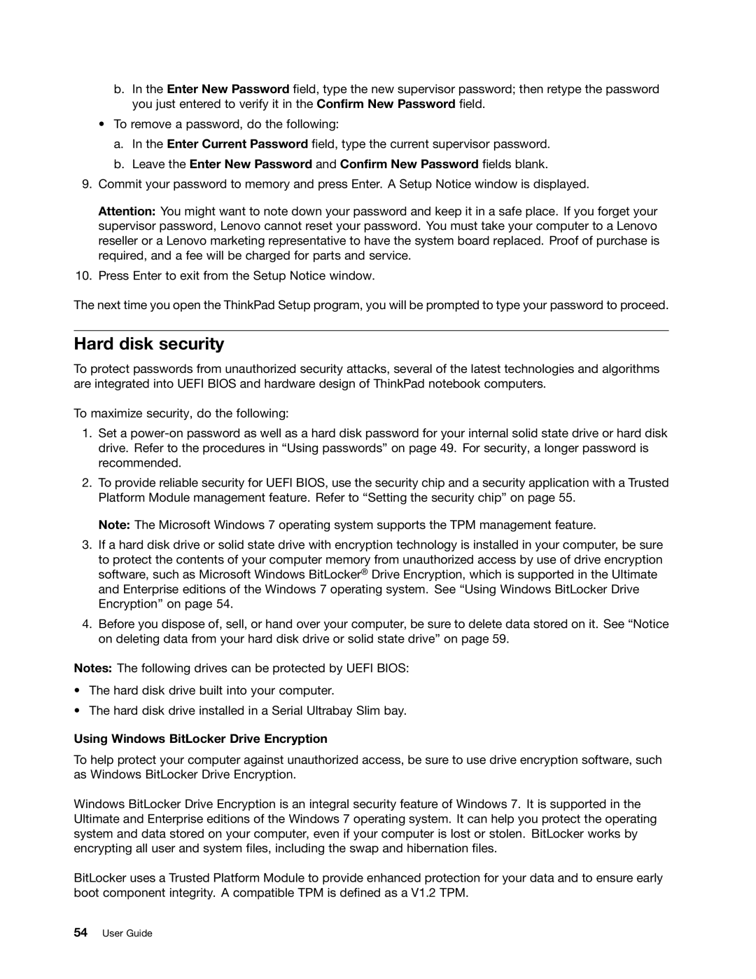 Lenovo 23539KU manual Hard disk security, Using Windows BitLocker Drive Encryption 