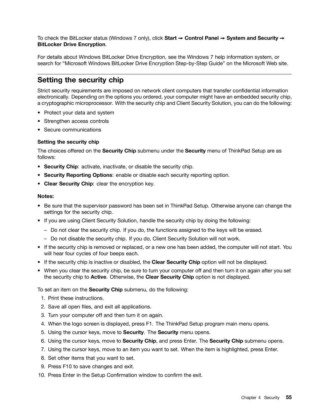 Lenovo 23539KU manual Setting the security chip 