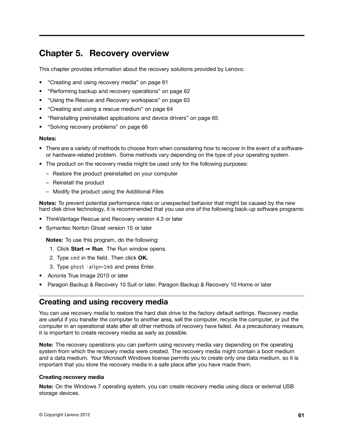 Lenovo 23539KU manual Recovery overview, Creating and using recovery media, Creating recovery media 