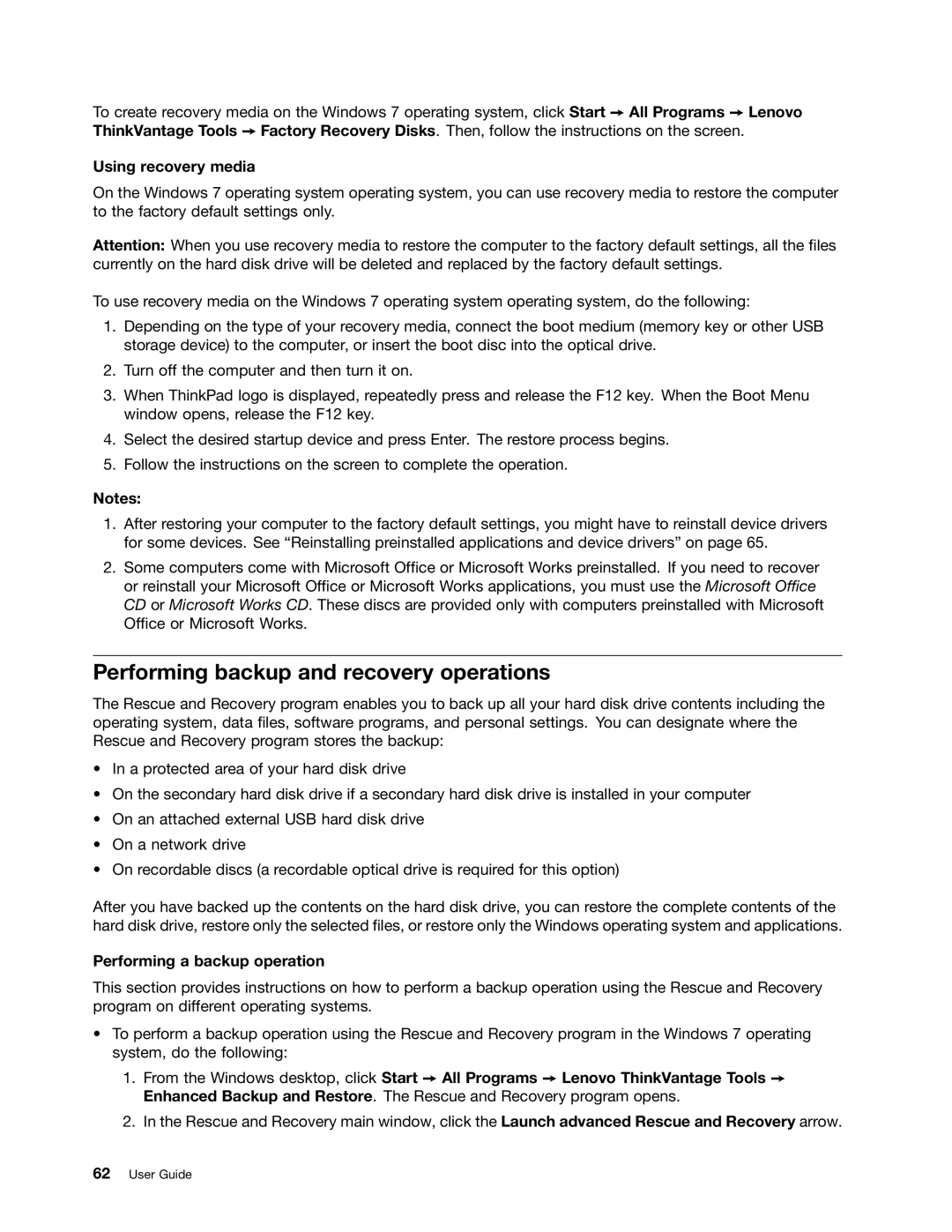 Lenovo 23539KU manual Performing backup and recovery operations, Using recovery media, Performing a backup operation 