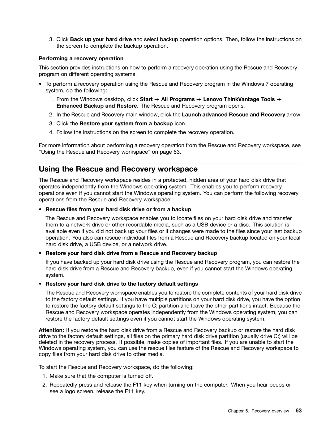 Lenovo 23539KU manual Using the Rescue and Recovery workspace, Performing a recovery operation 