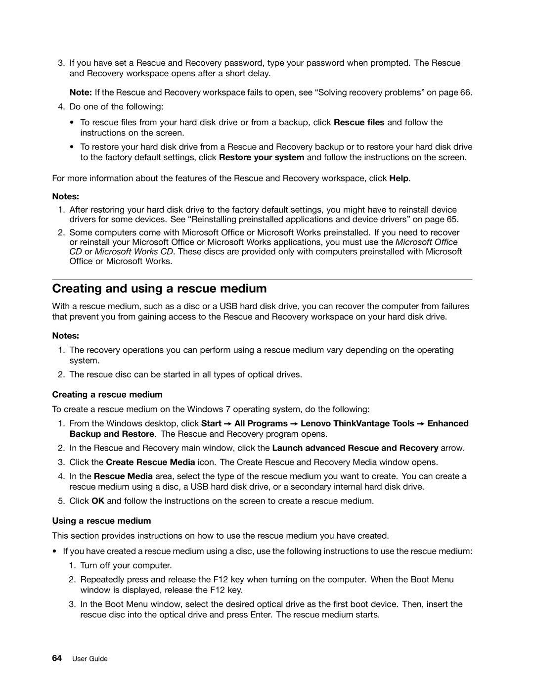 Lenovo 23539KU manual Creating and using a rescue medium, Creating a rescue medium, Using a rescue medium 