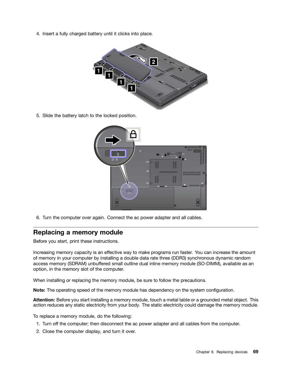 Lenovo 23539KU manual Replacing a memory module 