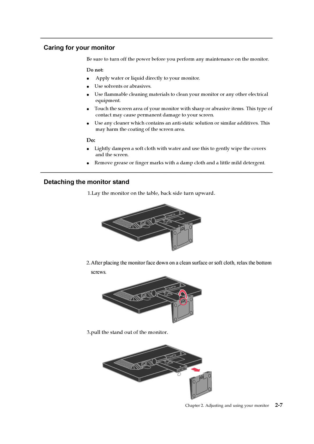 Lenovo 2448HB6 manual Caring for your monitor, Detaching the monitor stand 