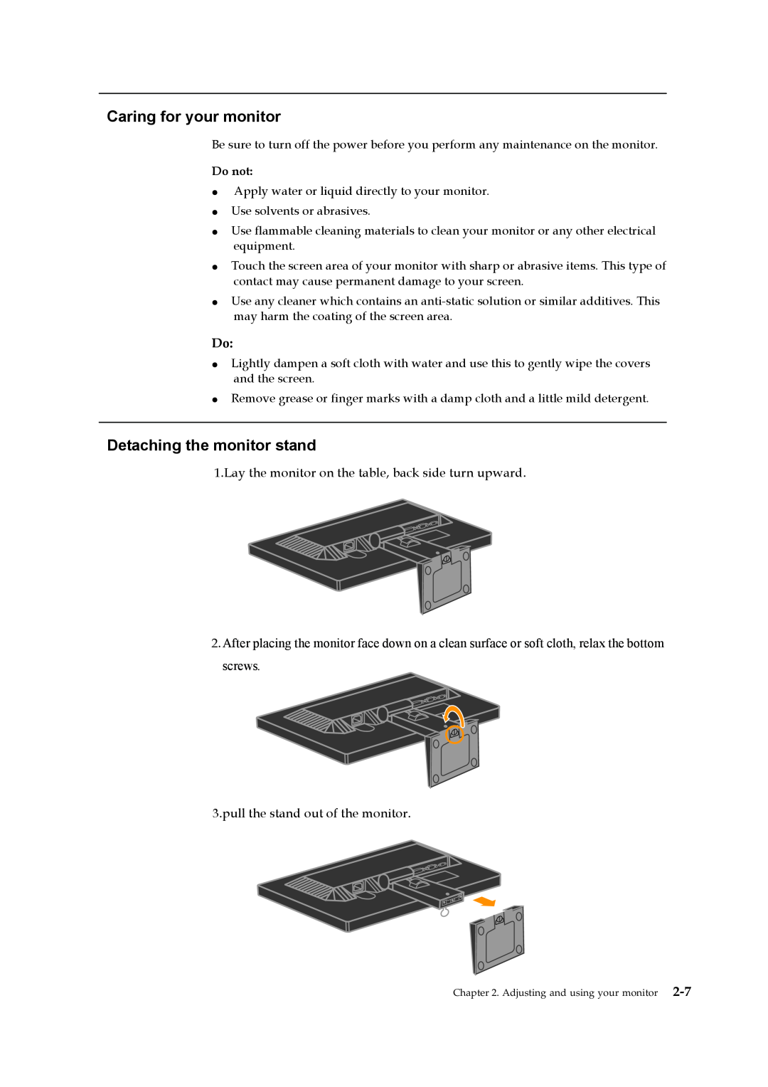 Lenovo 2448MB6 manual Caring for your monitor, Detaching the monitor stand, Do not 