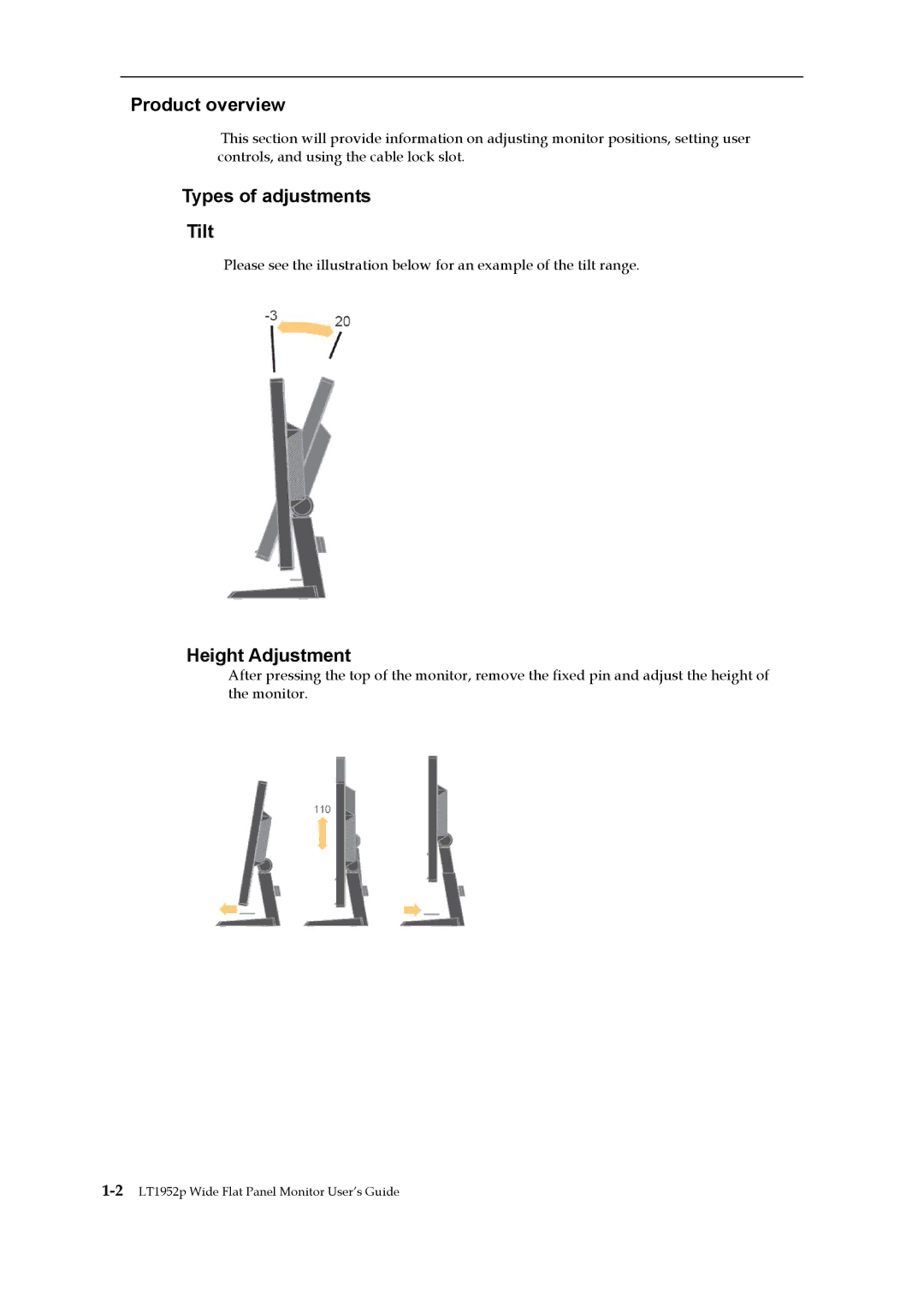 Lenovo 2448MB6 manual Product overview, Types of adjustments Tilt, Height Adjustment 