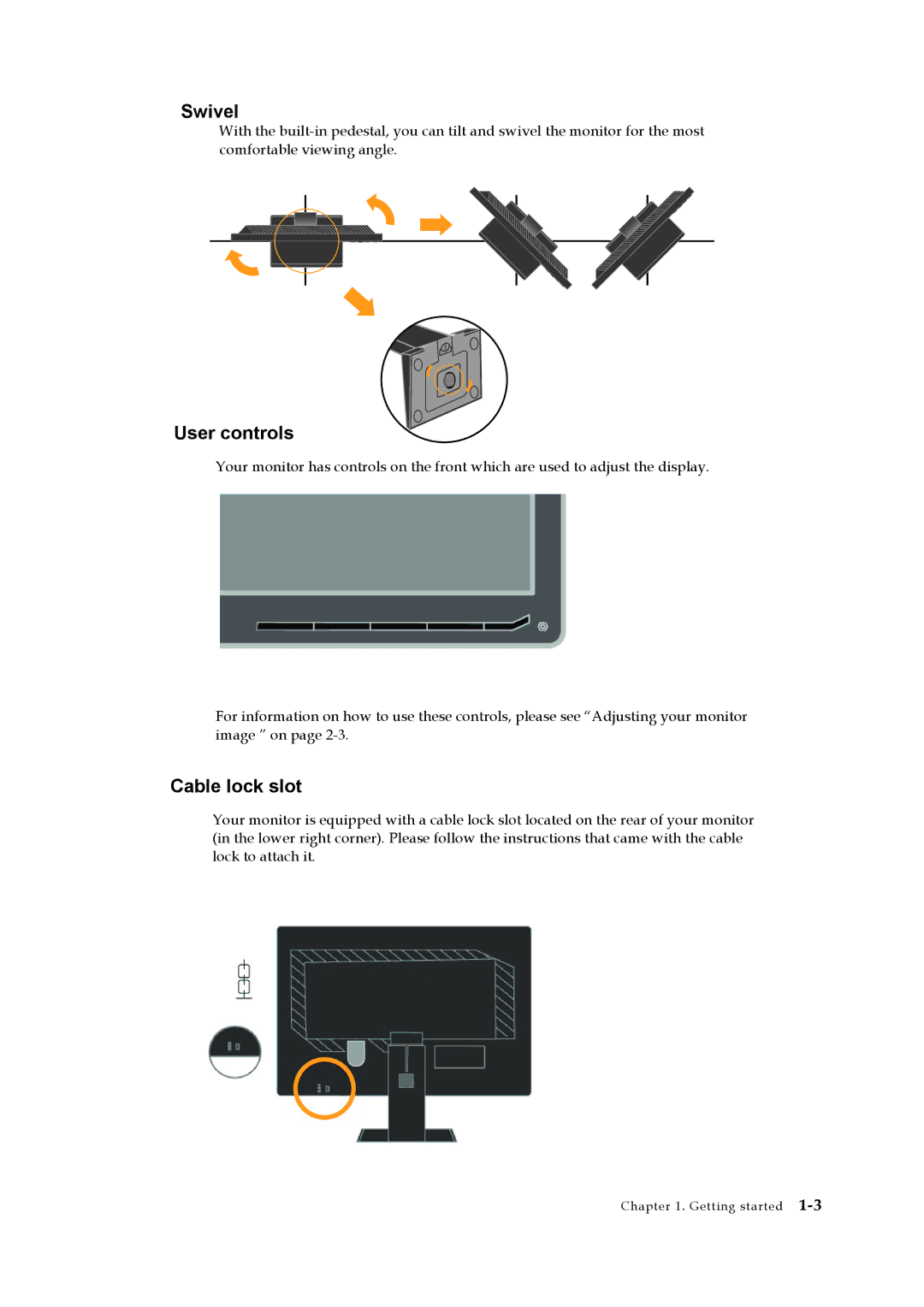 Lenovo 2448MB6 manual Swivel, User controls, Cable lock slot 