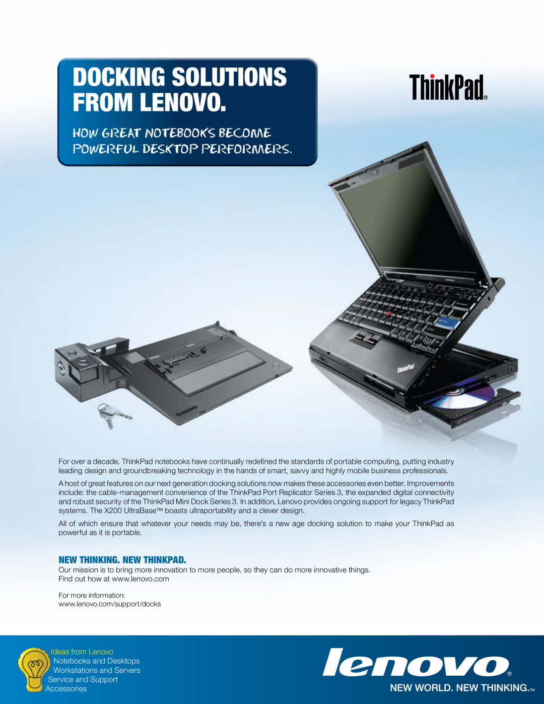 Lenovo 250410U, 250510W, 250310U manual Docking Solutions From Lenovo, New Thinking. New ThinkPad 