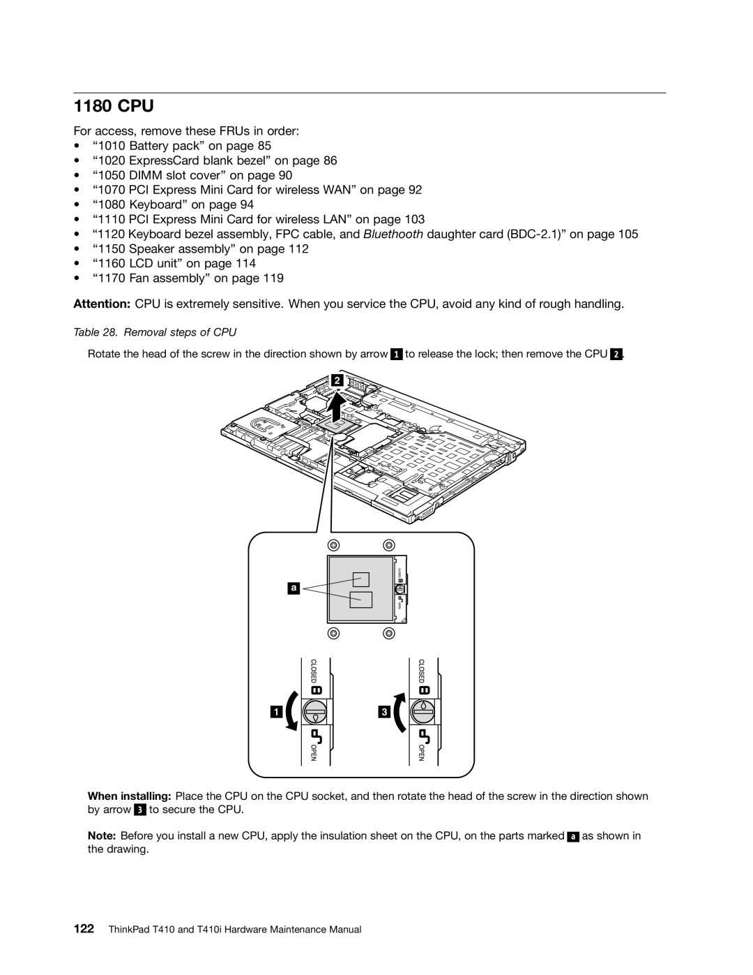 Lenovo 2518X01, 2522K4U manual 1180 CPU, Removal steps of CPU 