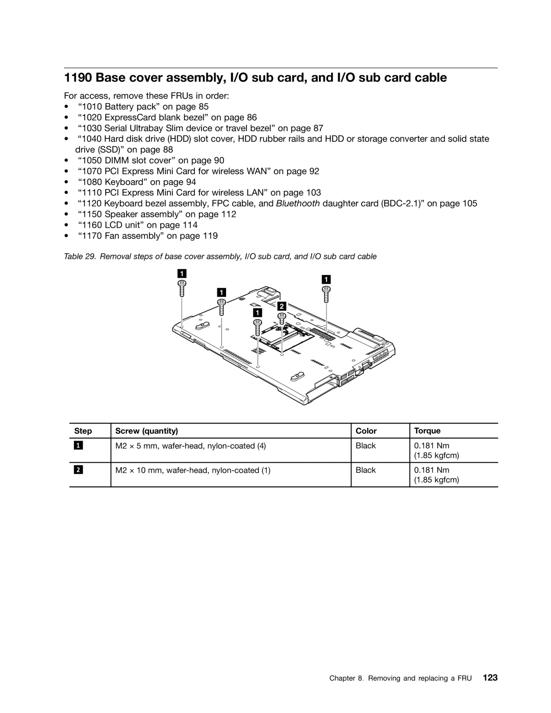 Lenovo 2522K4U, 2518X01 manual Base cover assembly, I/O sub card, and I/O sub card cable, Step Screw quantity Color Torque 