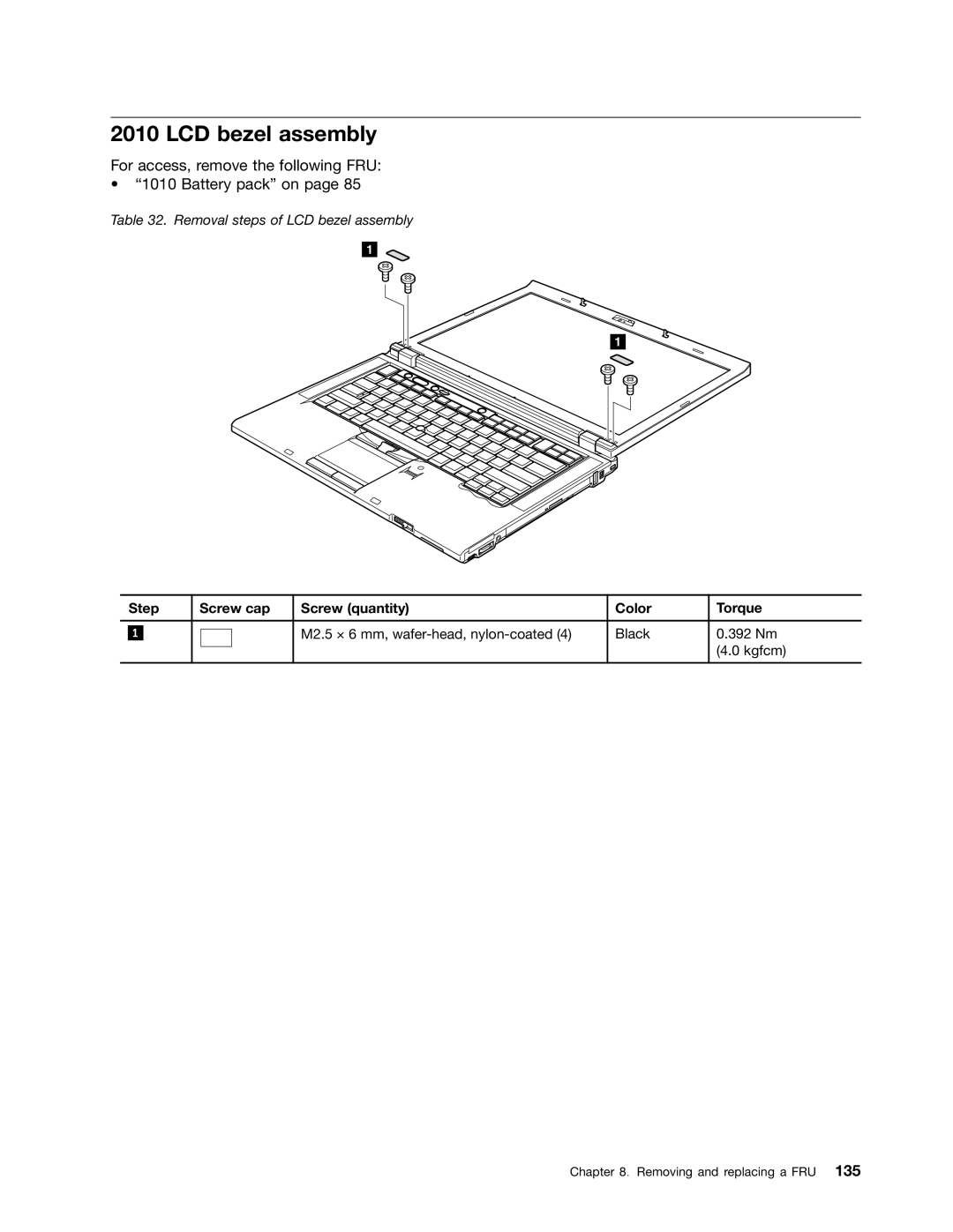 Lenovo 2522K4U, 2518X01 manual LCD bezel assembly, Step Screw cap Screw quantity Color Torque 