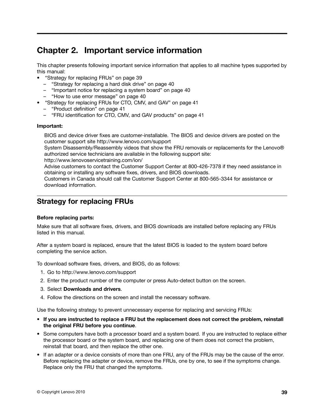 Lenovo 2522K4U, 2518X01 manual Important service information, Strategy for replacing FRUs 