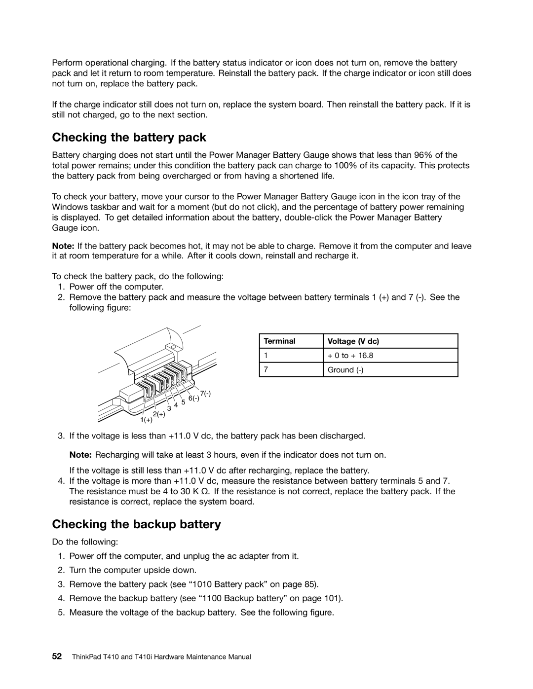 Lenovo 2518X01, 2522K4U manual Checking the battery pack, Checking the backup battery, Terminal Voltage V dc 