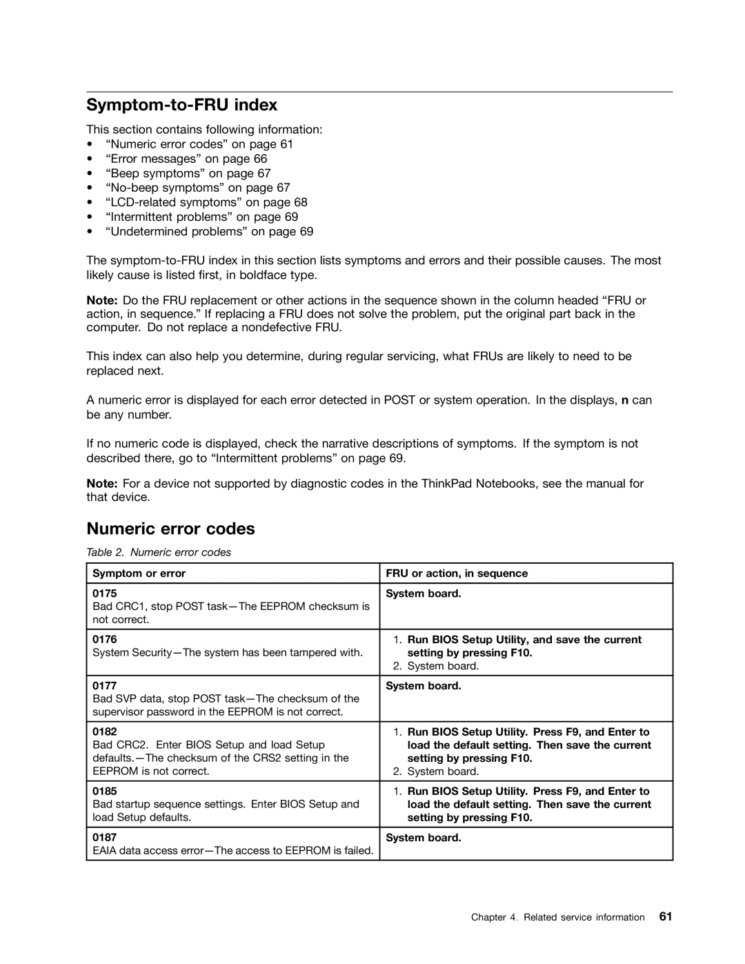 Lenovo 2522K4U, 2518X01 manual Symptom-to-FRU index, Numeric error codes 