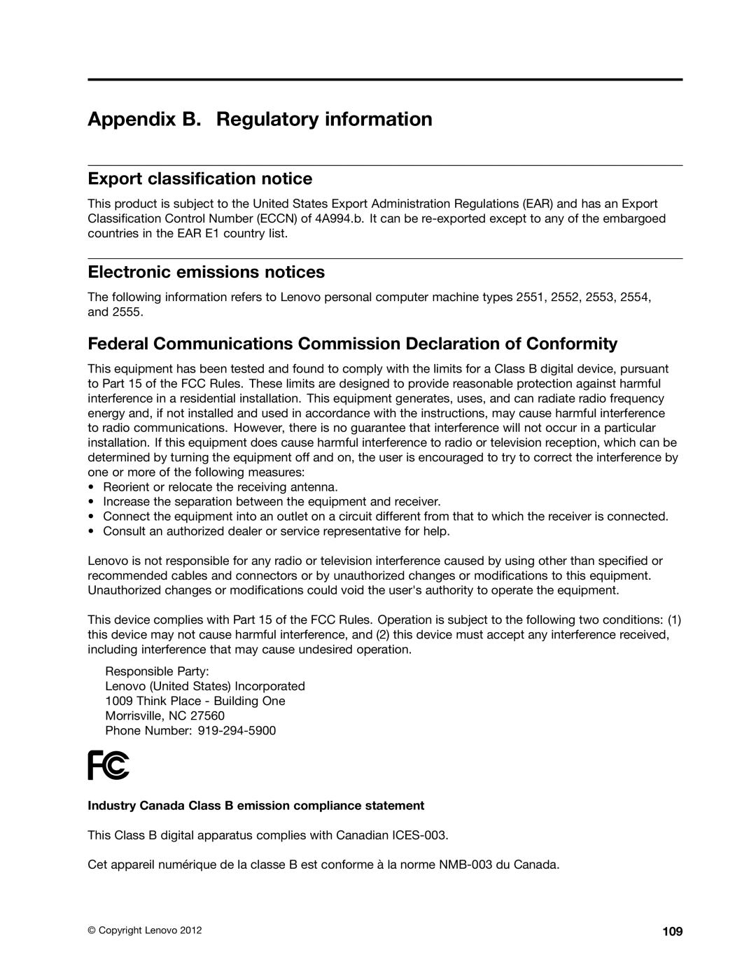 Lenovo 2552, 2551, 2555, 2554 Appendix B. Regulatory information, Export classification notice, Electronic emissions notices 