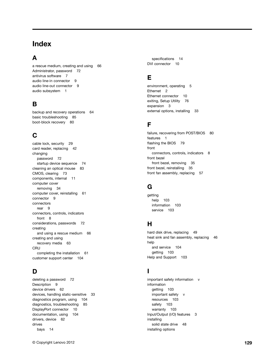 Lenovo 2552, 2551, 2555, 2554, 2553 manual Index, 129 