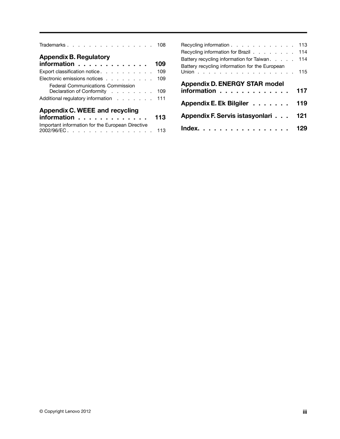 Lenovo 2551, 2552, 2555, 2554, 2553 manual Appendix B. Regulatory Information 