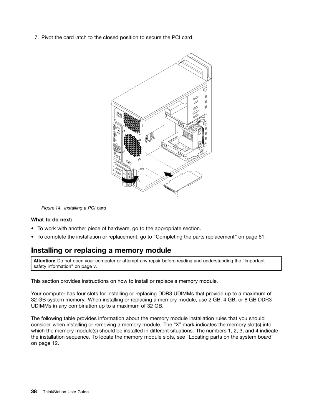 Lenovo 2551, 2552, 2555, 2554, 2553 manual Installing or replacing a memory module, Installing a PCI card 