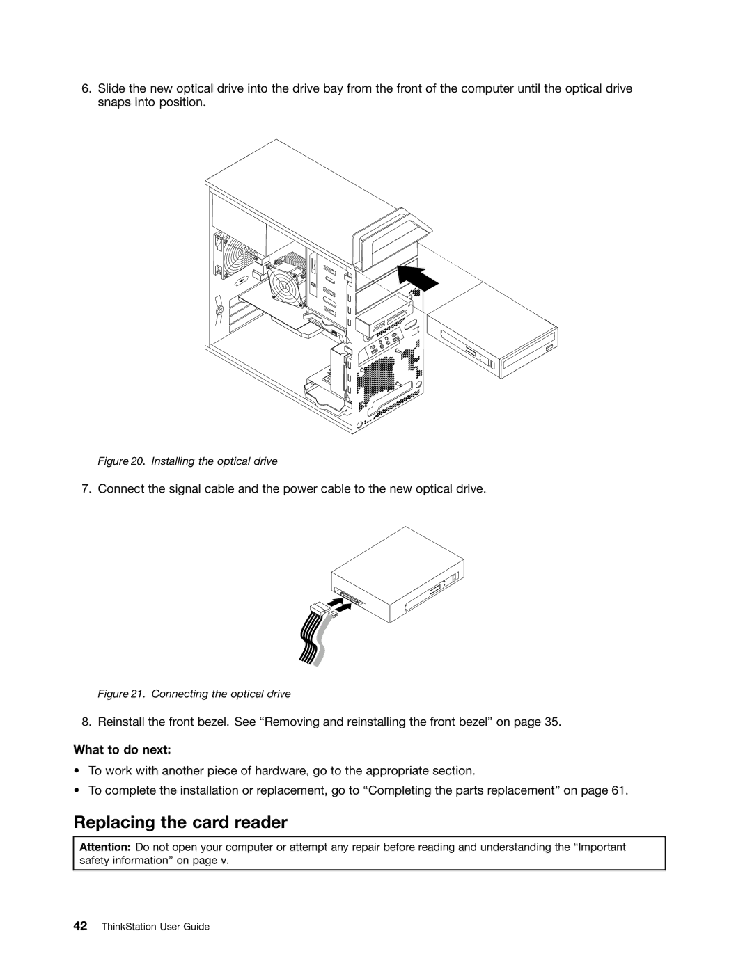 Lenovo 2553, 2551, 2552, 2555, 2554 manual Replacing the card reader, Installing the optical drive 