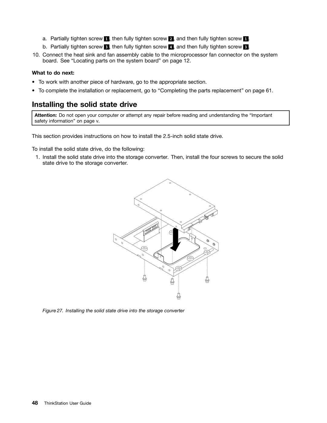 Lenovo 2551, 2552, 2555, 2554, 2553 manual Installing the solid state drive into the storage converter 