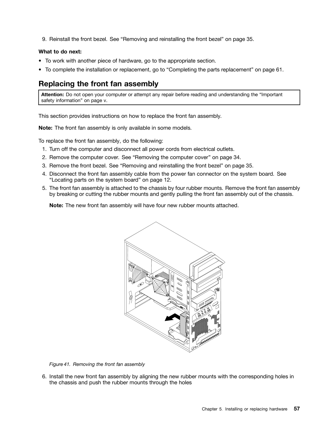 Lenovo 2553, 2551, 2552, 2555, 2554 manual Replacing the front fan assembly, Removing the front fan assembly 