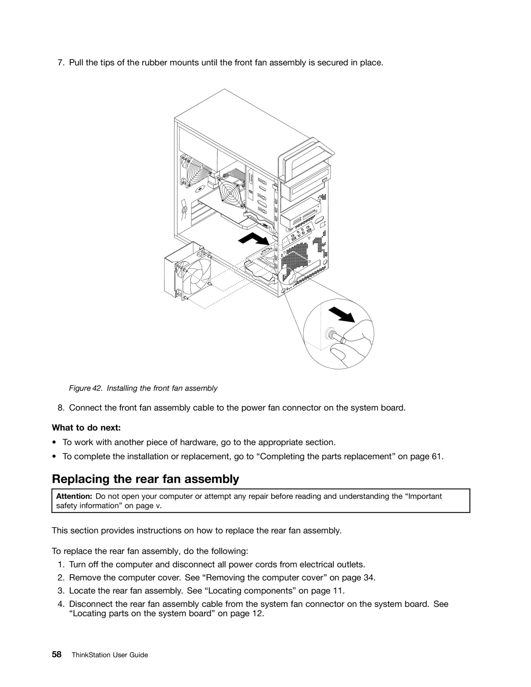 Lenovo 2551, 2552, 2555, 2554, 2553 manual Replacing the rear fan assembly, Installing the front fan assembly 