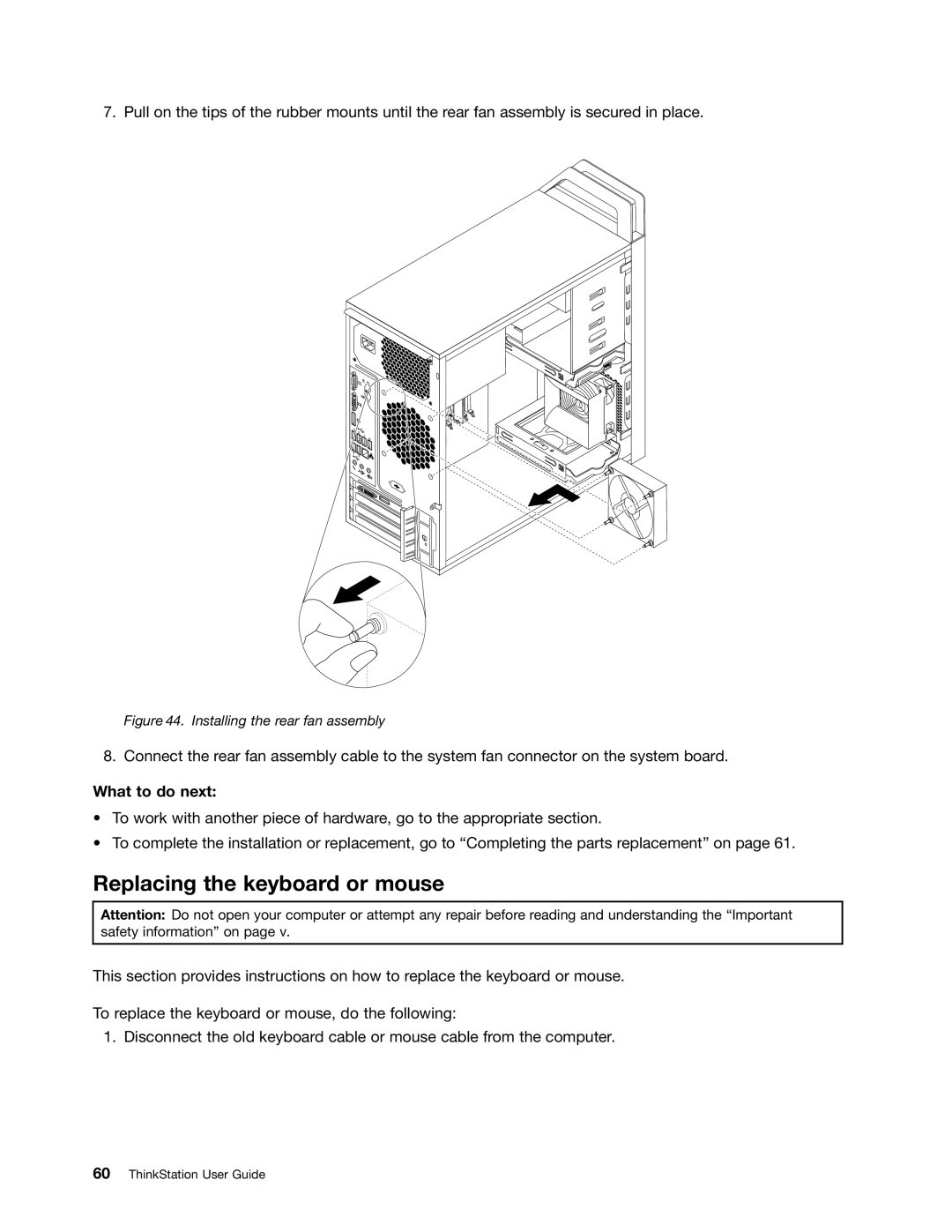 Lenovo 2555, 2551, 2552, 2554, 2553 manual Replacing the keyboard or mouse, Installing the rear fan assembly 