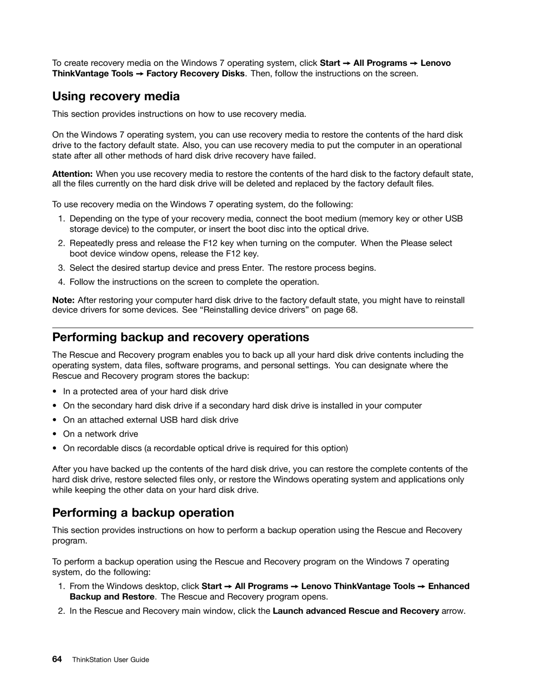 Lenovo 2552, 2551, 2555, 2554 Using recovery media, Performing backup and recovery operations, Performing a backup operation 