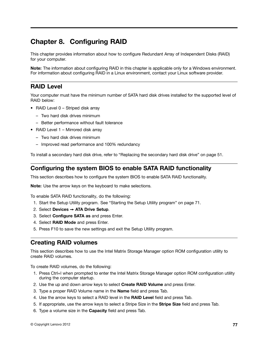 Lenovo 2553, 2551, 2552, 2555, 2554 manual Configuring RAID, RAID Level, Creating RAID volumes, Select Devices ATA Drive Setup 