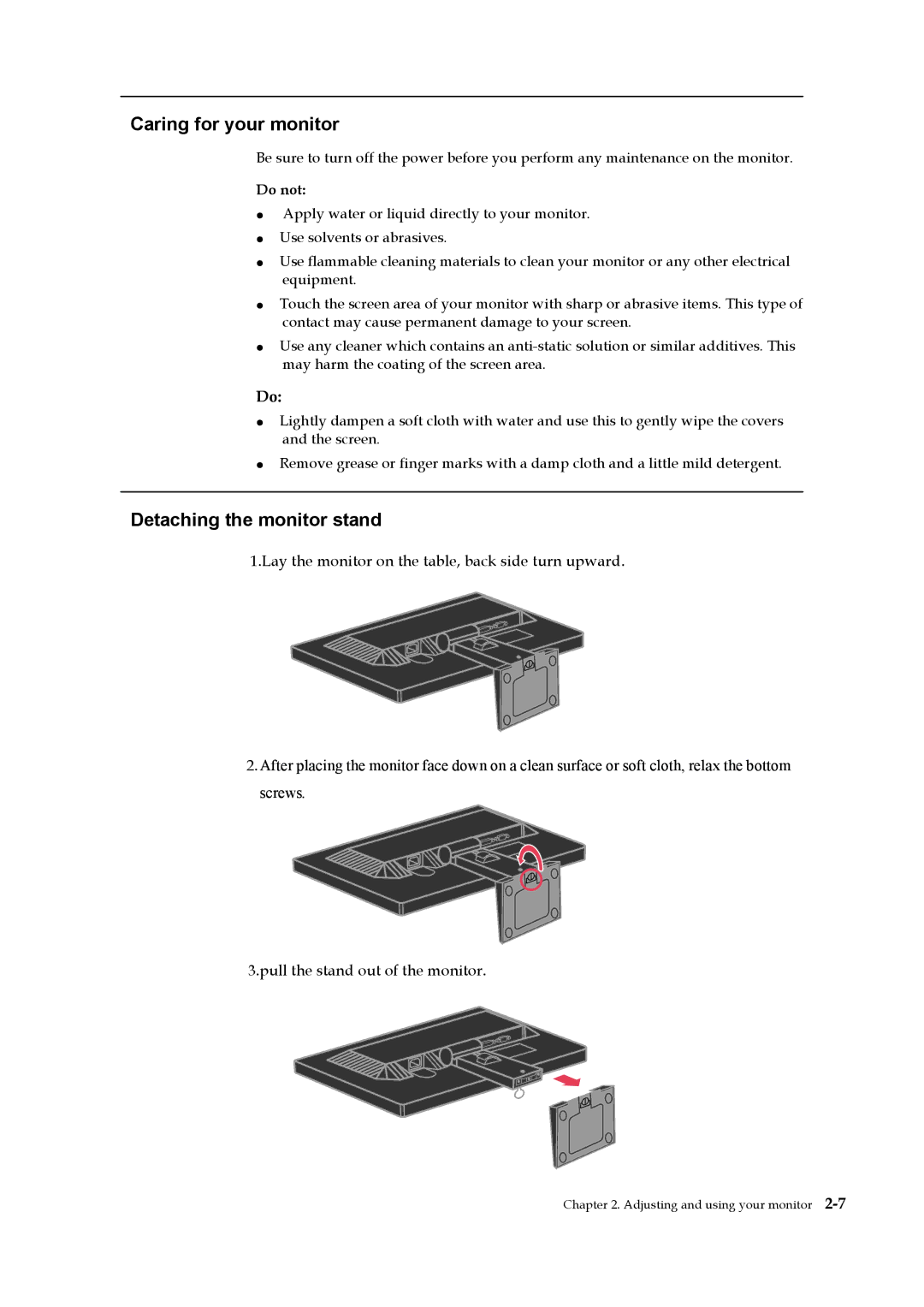 Lenovo 2572HB6 manual Caring for your monitor, Detaching the monitor stand 