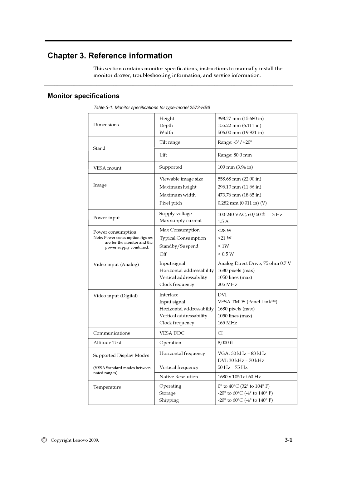 Lenovo 2572HB6 manual Reference information, Monitor specifications 