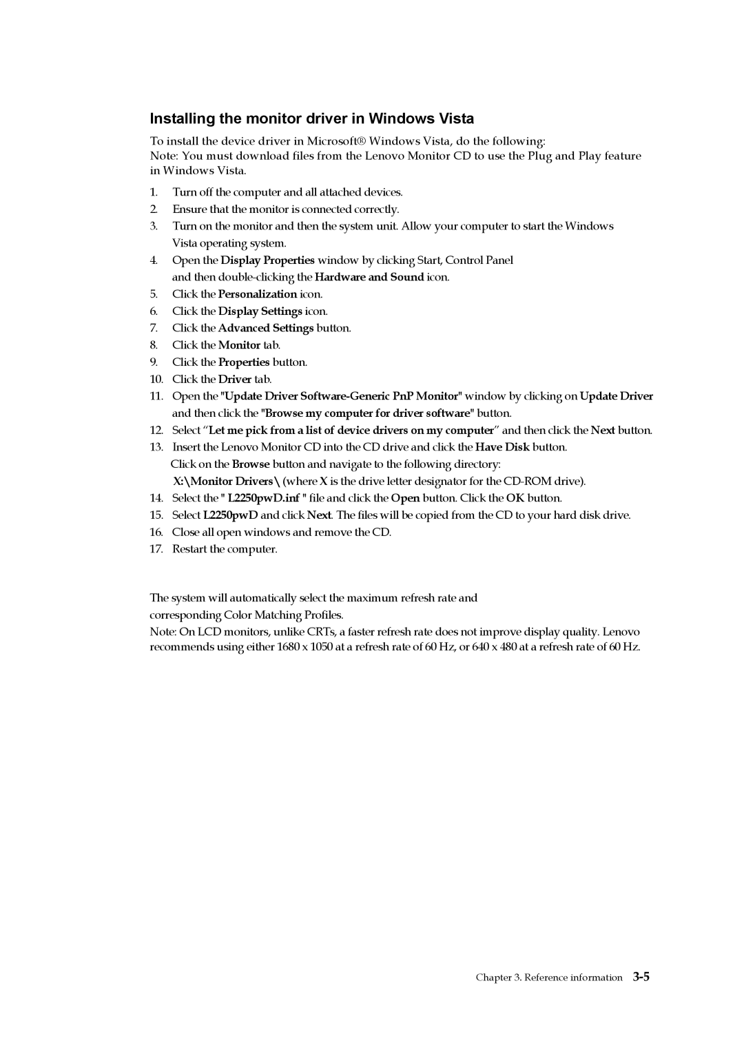 Lenovo 2572HB6 manual Installing the monitor driver in Windows Vista 