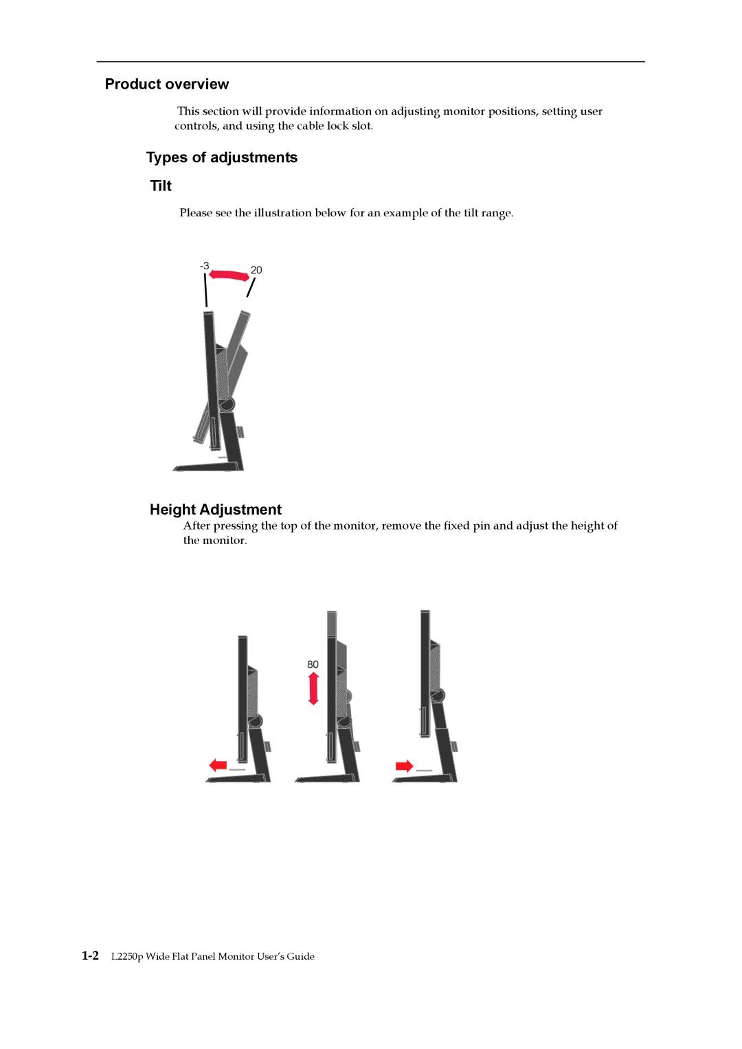 Lenovo 2572HB6 manual Product overview, Types of adjustments Tilt, Height Adjustment 