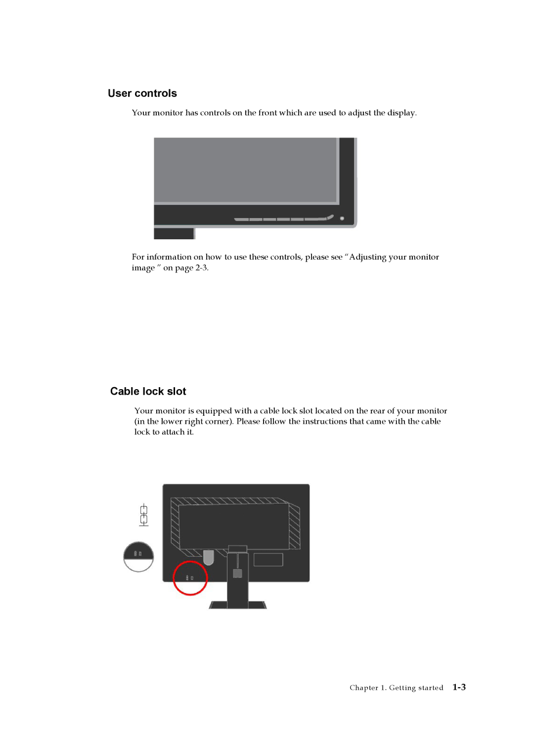 Lenovo 2572HB6 manual User controls, Cable lock slot 