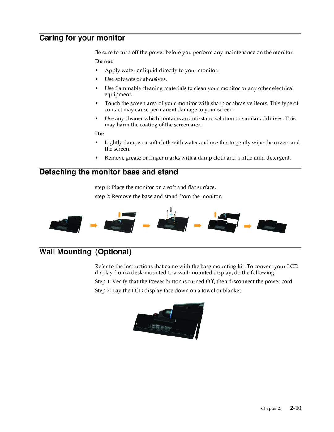 Lenovo 2572MB1 manual Caring for your monitor, Detaching the monitor base and stand, Wall Mounting Optional 