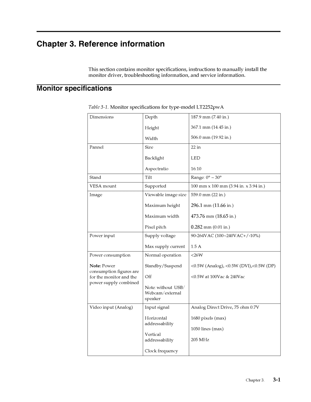 Lenovo 2572MB1 manual Reference information, Monitor specifications 