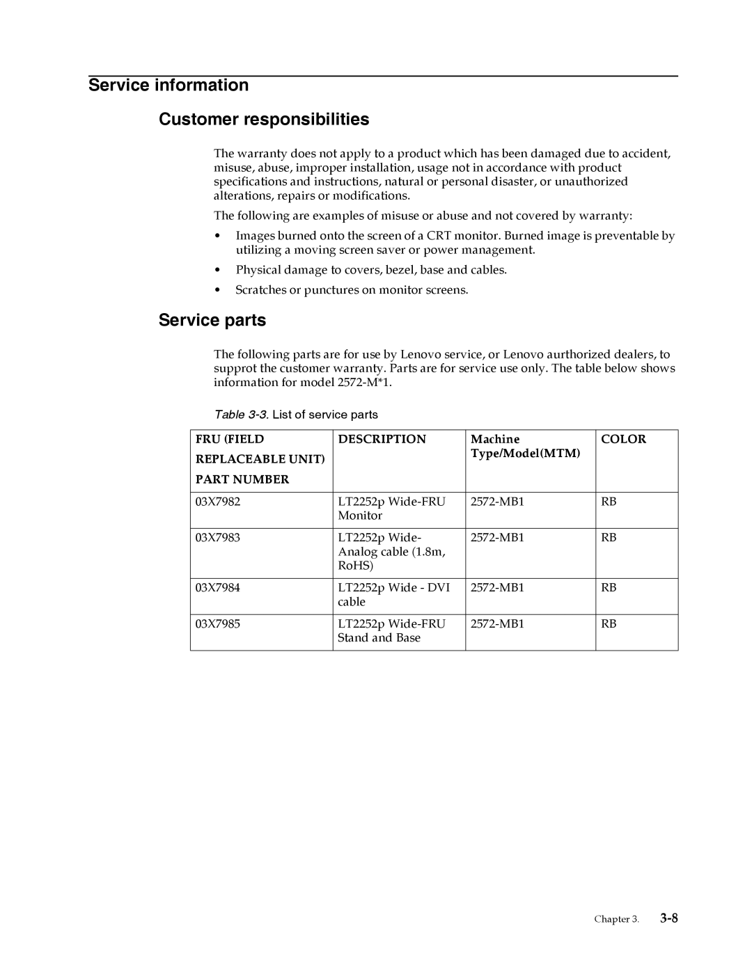 Lenovo 2572MB1 manual Service information Customer responsibilities, Service parts 