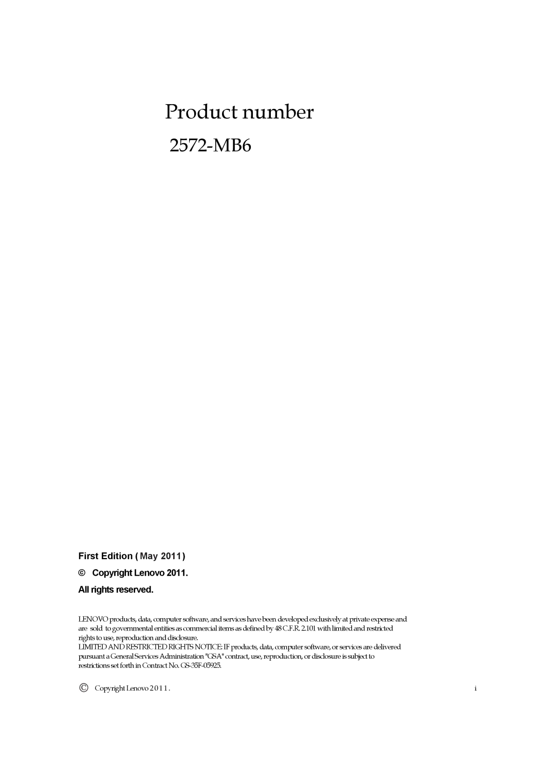 Lenovo 2572MB6 manual Product number 