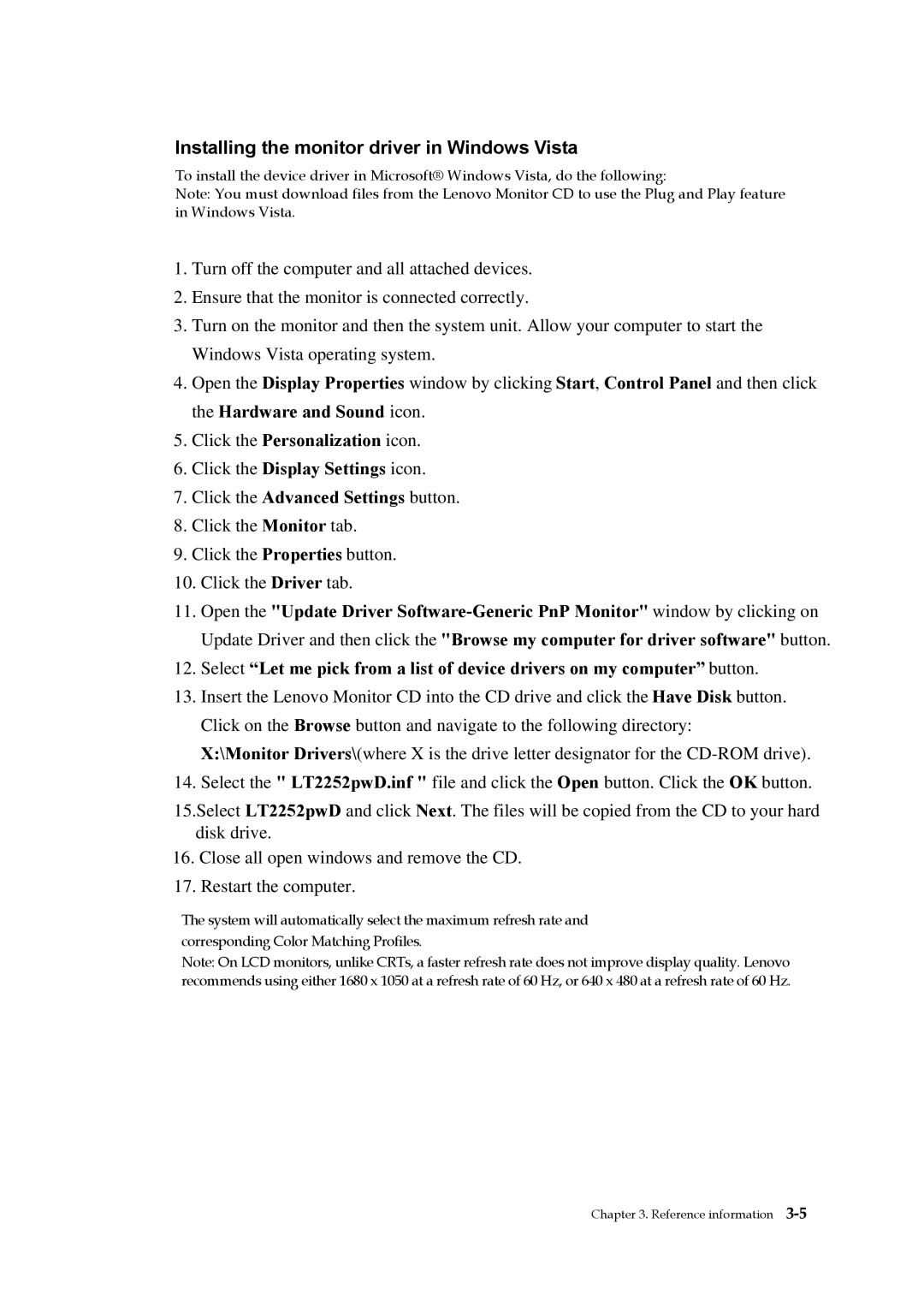 Lenovo 2572MB6 manual Installing the monitor driver in Windows Vista 