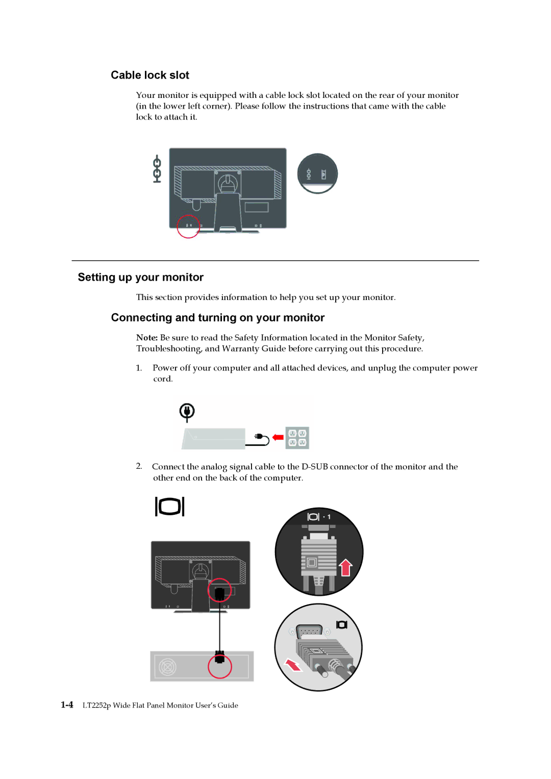 Lenovo 2572MB6 manual Cable lock slot, Setting up your monitor, Connecting and turning on your monitor 