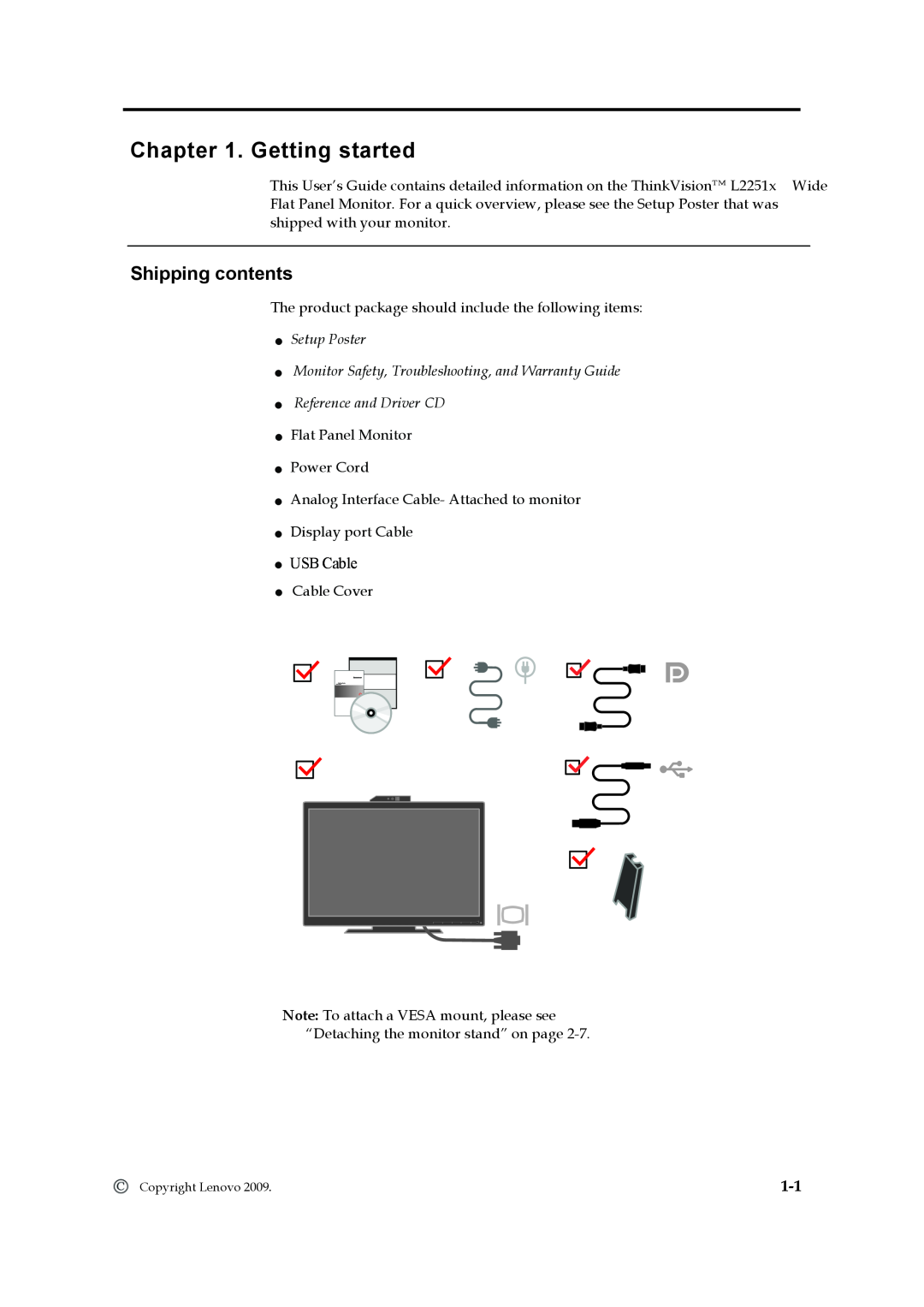 Lenovo 2578HB6 manual Getting started, Shipping contents, Setup Poster Monitor Safety, Troubleshooting, and Warranty Guide 
